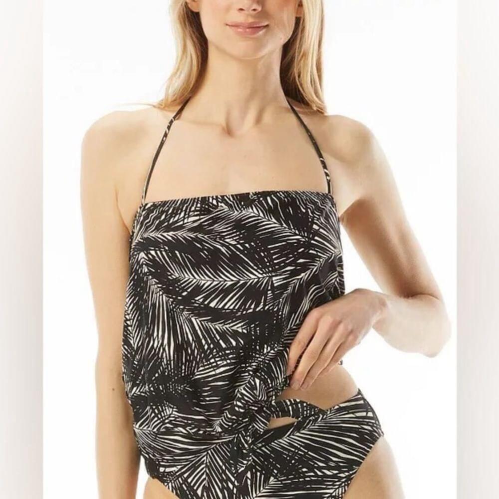 Michael Kors tankini set swim Tie-Hem tropical print top solid black bottoms M